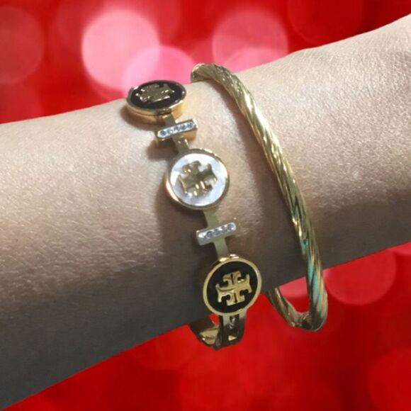Tory Burch Jewelry - TORY BURCH LOGO CIRCLE BANGLE GOLD BLACK AND WHITE MOTHER OF PEARL BRA…
